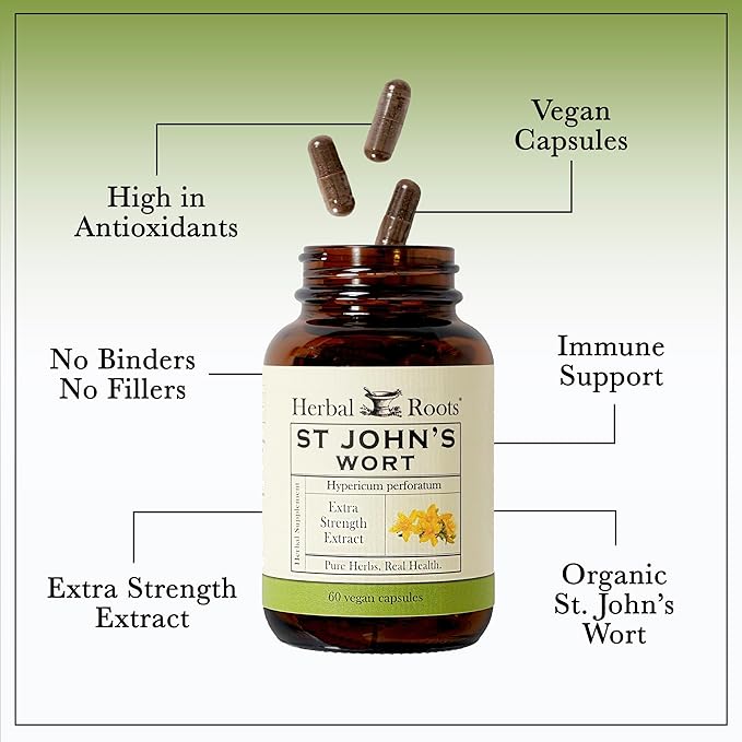 Herbal Roots St Johns Wort Capsules | 450 mg per Serving | Pure St. John’s Wort with No Binders or Fillers Non GMO | 60 Vegan Capsules