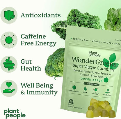 Plant People WonderGreens Veggie Gummies Super Greens with Probiotics Multivitamin Support Gummy for Wellbeing, Energy, Immune and Gut Health, Green Apple Flavor (60 Count)