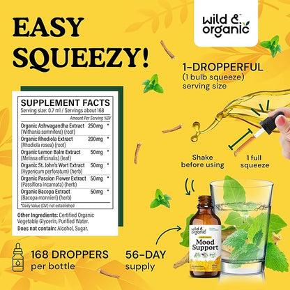 Wild & Organic Mood Support Supplement - Natural Liquid Drops for Positive Energy - Calm Mind Supplement for Women and Men - Non-Alcohol Ashwagandha & Rhodiola Rosea Root Tincture for Good Mood - 4 oz