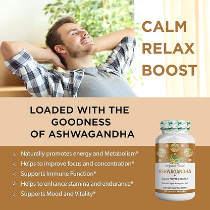 Organic Veda Ashwagandha Supplements, 1500mg - Ashwagandha Capsules with Black Pepper Extract - Made from Pure 100% Organic Ashwagandha Root - Mood Support Supplement & Energy, 120 Veggie
