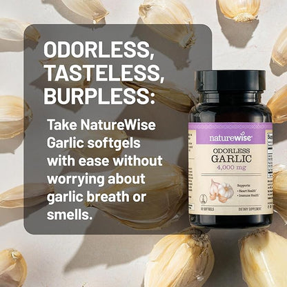 NatureWise Odorless Garlic Supplement 4000mg - Ultra Potent 100:1 Extract - Healthy Cholesterol Formula, Heart Health Support - Non-GMO, Gluten Free, with Halal Gelatin - 60 Count[30-Day Supply]