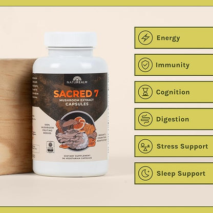 Naturealm Sacred 7 Organic Mushroom Extract Capsules - Premium 7 Mushroom Complex with Lions Mane, Reishi, Chaga - USDA Organic Immune Support & Focus - 90 Vegetarian Capsules