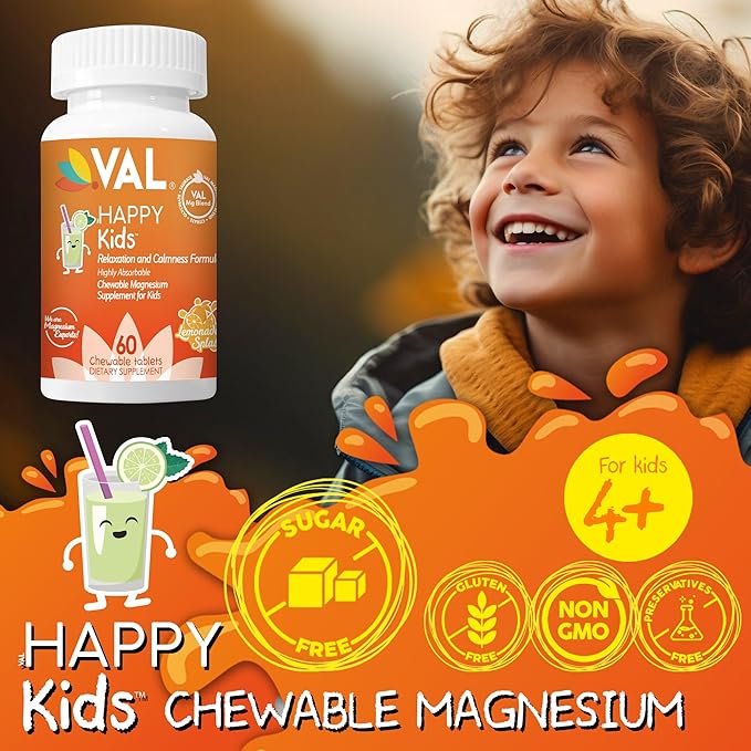 VAL Magnesium for Kids | High-Absorption Magnesium for Calm, Relaxation & Focus | Mg Glycinate, Citrate & Taurate | with Vitamin B6, D & C | Sugar-Free, Non-GMO | Lemonade | 60 Chewable Tablets