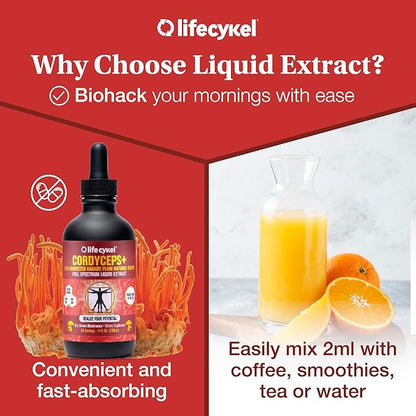 Lifecykel Cordyceps Mushroom Extract with Kakadu Plum - Energy, Stamina & Vitality Support, Natural Aging Supplement - Non-GMO and Vegan Tincture - 4Fl Oz