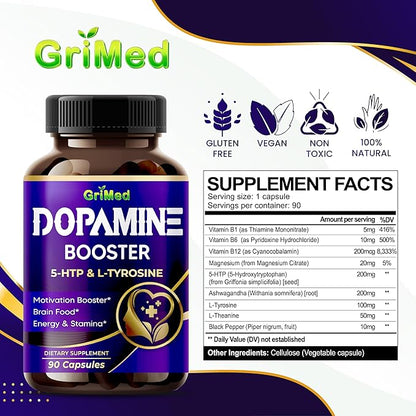 5-HTP L-Tyrosine with Magnesium + L-Theanine - 14,285mg Energy, Stamina, Motivation Booster - USA Made & Tested (90 Count (Pack of 1))