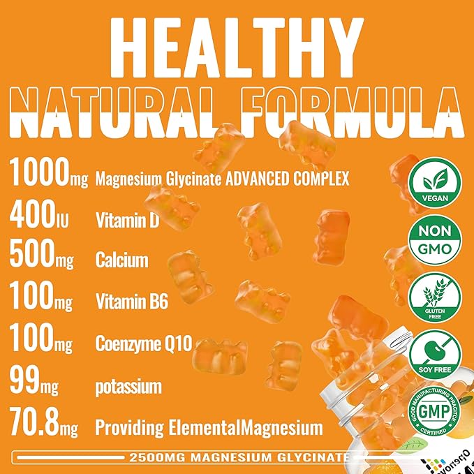 Magnesium Glycinate Gummies- Sugar Free Magnesium Potassium Supplement with Vitamin D, B6, CoQ10 for Calm Mood & Sleep Support - 90 Orange Gummies