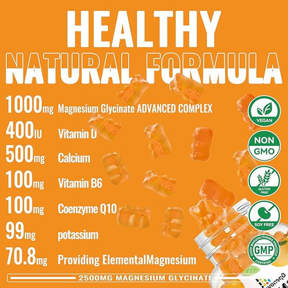 Magnesium Glycinate Gummies- Sugar Free Magnesium Potassium Supplement with Vitamin D, B6, CoQ10 for Calm Mood & Sleep Support - 90 Orange Gummies