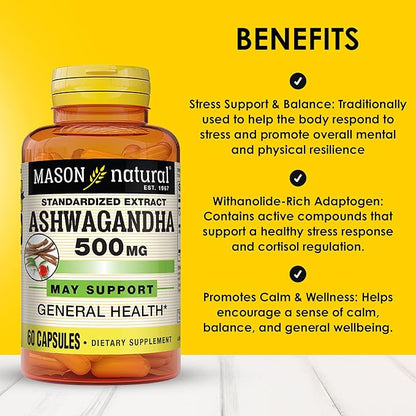 Mason Natural Ashwagandha 500 mg, Adaptogen for Stress & Energy Support, Herbal Supplement, 60 Day Supply