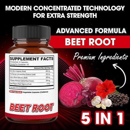 agobi 5in1 Beet Root Capsules - Added with Red Spinach, Organic Garlic Bulb, Hibiscus & Black Pepper - Support for Energy Production, Immune System & Digestive Health - 90 Vegan Capsules