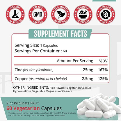 Karuna Health Zinc Picolinate Plus 60 Vegetarian Capsules | 25 MG Plus 2.5 MG Copper for BALACED Long Term USE | Supporting Immune Function, Skin Health, Development and Overall Well-Being.