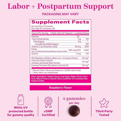 Pink Stork Red Raspberry Leaf Gummies - Third Trimester Labor Prep + Postpartum Mood Essentials with Evening Primrose Oil + Black Cohosh - 60 Vegan Gummy Supplements, Non-GMO