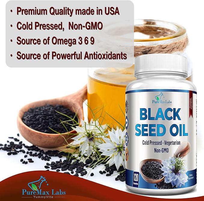 Cold Pressed Black Seed Oil - 120 Capsules, Premium Nigella Sativa Pure Black Cumin Seed Oil with Vitamin E, for Hair, Skin & Immune Health - Non-GMO 120 Capsules