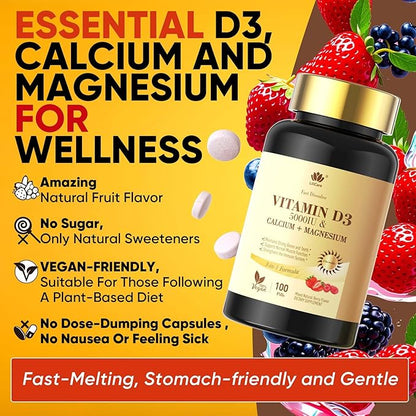Fast Dissolve Vitamin D3 5000IU with Calcium & Magnesium - for Quick Nutrient Absorption-Sugar Free Chewable Supplement for Bones Strength, Teeth, Muscle, Immune Health,200 Fast Melt Tablets