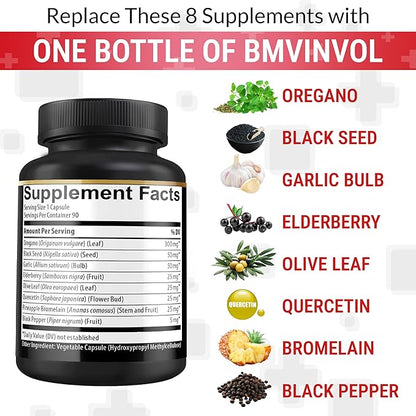 BMVINVOL Oregano Supplement | Black Seed, Garlic, Elderberry, Olive Leaf, Quercetin, Bromelain, Black Pepper - 8in1 Immune & Digestive Support 90 Capsules [3-Month Supply]