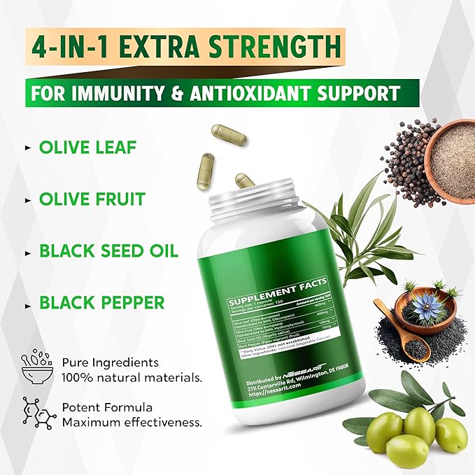 Olive Leaf & Olive Fruit (60% Oleuropein, 60% Hydroxytyrosol) - Black Seed Oil, Black Pepper - Immune Boost, Antioxidants, Heart Wellness -Made in USA- 150 Capsules