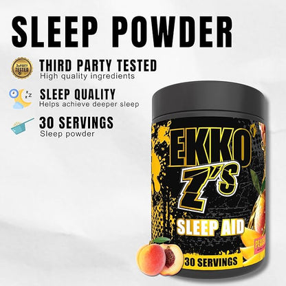 EKKO Z’S Sleep Aid Formula, Peach Mango Flavor, Sleep Support Powder with Magnesium Bisglycinate, Zinc, GABA, L Theanine, Melatonin, Adaptogens, Relaxation Support for Men & Women, 30 Srvgs