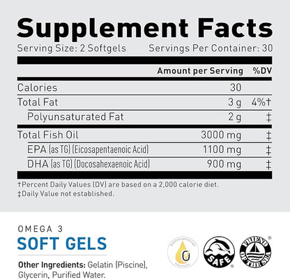 Kaged Omega 3 Fish Oil Supplement, 3000mg Omega 3 Fatty Acid with EPA & DHA, Ultra-Pure, No Fish Burps, 60 Pills