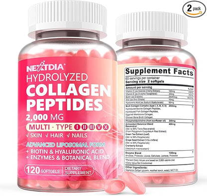 2 Pack Liposomal Collagen Peptides Pills for Women 2000mg, Multi Hydrolyzed Collagen Type I, II, III, V, X with 2500mcg Biotin - Collagen Supplements Softgels with Hair, Skin & Nails Vitamins, 240 Cts