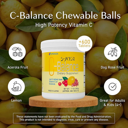 Umeken C-Balance Chewable Vitamin C Supplements, High Potency for Adults & Kids, with Citric Acid and Gamma-linolenic Acid, Vitamin C Chewables, 7.1 Ounce, 200g, 4.5 Months Supply, Pack of 6