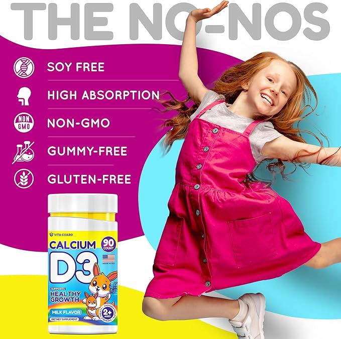Calcium D3 Chewable Tablets for Kids – 640 mg Calcium & 320 IU Vitamin D3 – Non-GMO, Milk Flavor – Bone & Teeth Support Supplement – 90 Tablets for Ages 2+