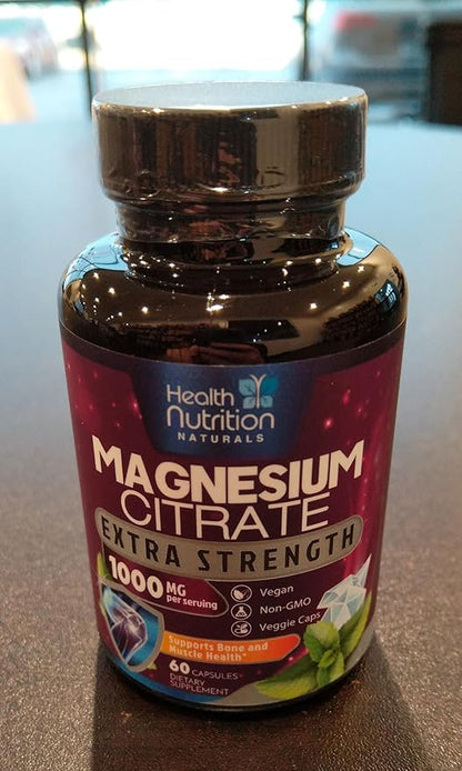 Magnesium Citrate Capsules 1000mg - Max Absorption Magnesium Powder for Muscle, Nerve, Bone and Heart Health Support, High Absorption Citrate Complex, Gluten Free, Non-GMO - 60 Capsules