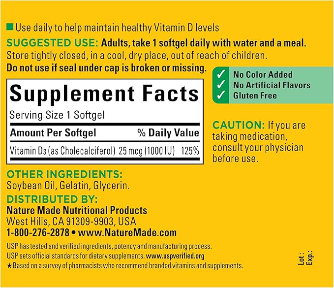 Nature Made Vitamin D3 1000 IU (25 mcg), Dietary Supplement for Bone, Teeth, Muscle and Immune Health Support, 180 Softgels, 180 Day Supply