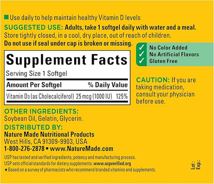 Nature Made Vitamin D3 1000 IU (25 mcg), Dietary Supplement for Bone, Teeth, Muscle and Immune Health Support, 180 Softgels, 180 Day Supply