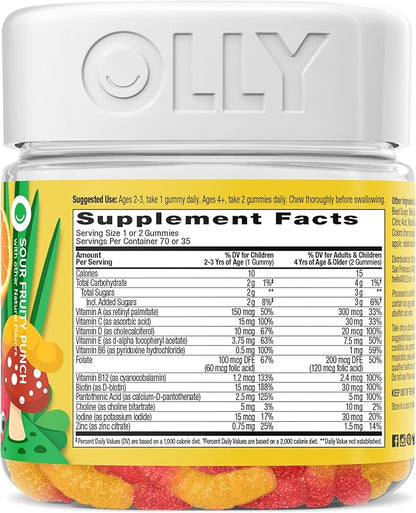 OLLY Kids Multivitamin Gummy Worms, Overall Health and Immune Support, Vitamins and Minerals A, C, D, E, Bs and Zinc, Chewable Supplement, Sour Fruit Punch, 45 Day Supply (70 Count) (Pack of 2)