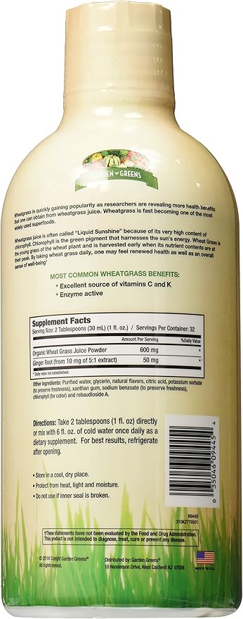 Garden Greens Wheat Grass Liquid with Real Ginger Extract, Nature's Perfect Superfood, 32 servings