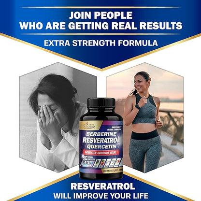 Organic Cadane Resveratrol Supplement - 10in1 Plus with Quercetin, Berberine, Green Tea, Grape Seed, Hawthorn Berry, Turmeric, Rhodiola Rosea, Ginkgo Biloba, and Black Pepper - 60 Capsules