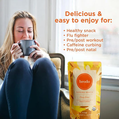 Brodo Deeply Rooted Organic Chicken Broth with Turmeric & Ginger, Nutrient-Rich Chicken Bone Broth Organic, High in Protein and Collagen for Wellness and Cooking, (6x 8.3 oz. Pouches)
