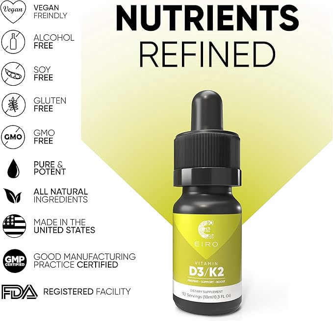 Eiro Vitamin D3 + K2 (MK7) │ D3 2000UI + K2 25mcg Per Serving │ Liquid Drop Supplement for Superior Absorption │Prevent • Support • Boost│