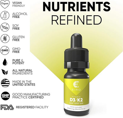 Eiro Vitamin D3 + K2 (MK7) │ D3 2000UI + K2 25mcg Per Serving │ Liquid Drop Supplement for Superior Absorption │Prevent • Support • Boost│