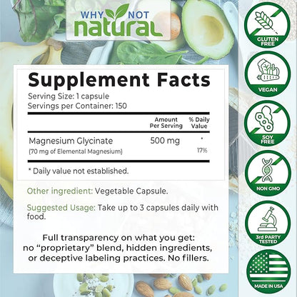 Why Not Natural Magnesium Glycinate 500 mg Capsules Supplement - Vegan, 100% Pure, No Filler - Supports Sleep and Relaxation