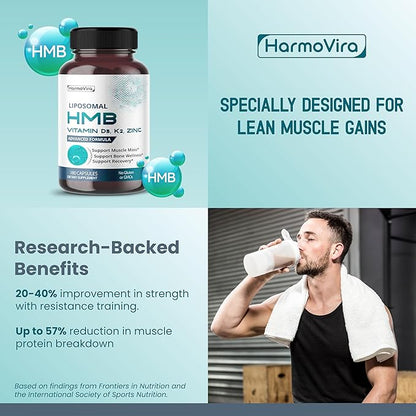 Liposomal HMB with Vitamin D3, K2 & Zinc – Advanced Formula – Supports Muscle Mass, Joint Wellness & Recovery* – 180 Capsules (Pack of 1) – No Gluten or GMOs – Made in The USA