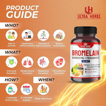 Bromelain Supplement with Quercetin, Zinc, Fenugreek, Turmeric, Ginger, Black Pepper & Probiotics - Supports Digestion, Joint Health & Nutrient Absorption | 150 Capsules
