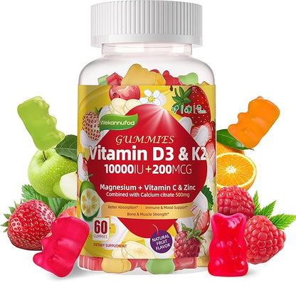 Sugar-Free Vitamin D3 K2 Gummies with Calcium + K2 (MK-7), Magnesium Citrate, Vitamin C, Extra Strength - Ultimate Absorption for Bone Muscle Teeth Immune, Vegan - 60 Gummies