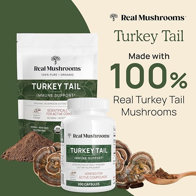 Real Mushrooms Turkey Tail Capsules - Organic Mushroom Supplement with Potent Extract for Gut, Energy, Brain, Immune Support Vegan Extract, Non-GMO, 90 Caps