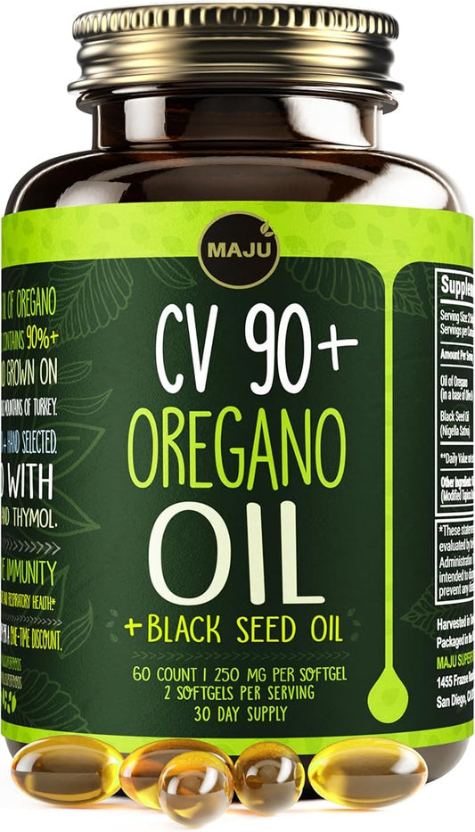 Maju Superfoods Oil of Oregano with Black Seed Oil Capsules, 2-in-1 Softgel, Potent 90%+ Carvacrol, High Thymoquinone, 60 Count, 500mg per Serving, Wild Oregano and Black Seeds
