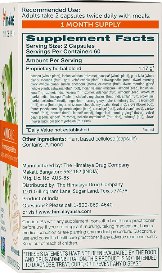 Himalaya MindCare, Nootropic Brain Supplement Booster for Mental Sharpness, Focus, Memory, and Cognitive Wellness, 1170 mg, 120 Capsules, 1 Month Supply