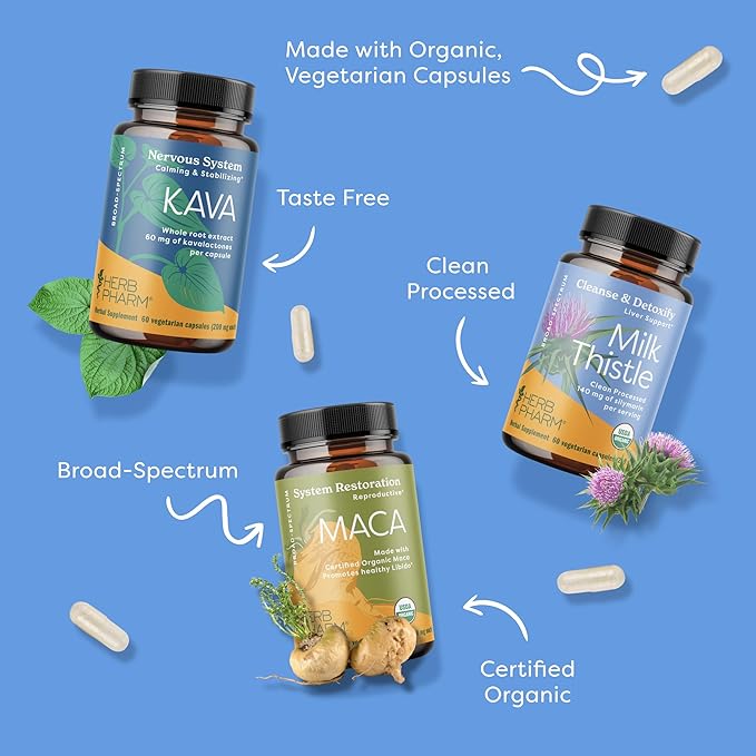 Herb Pharm Kava Root Extract to Reduce Stress and Promote Relaxation - 60 Vegetarian Capsules