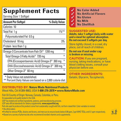 Nature Made Fish Oil Omega 3 Supplements, Omega 3 Fish Oil as Ethyl Esters 1200 mg Softgels, EPA DHA Supplement for Healthy Heart, Brain, Eye Support, One Per Day, 100 Softgels