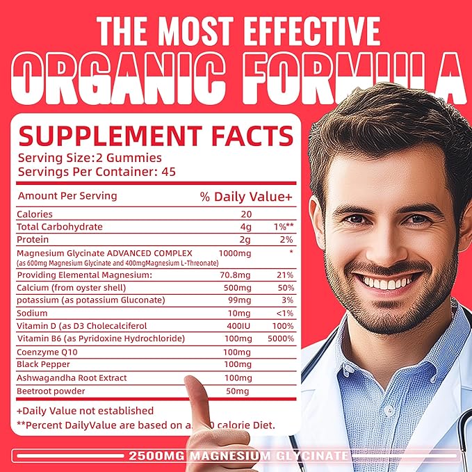 Magnesium Glycinate Gummies 2500mg - Sugar Free Magnesium Potassium Supplement with Vitamin D, B6, CoQ10 for Calm Mood & Sleep Support - 90 Strawberry Gummies