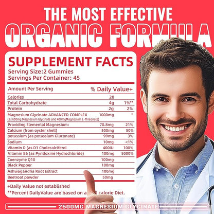 Magnesium Glycinate Gummies 2500mg - Sugar Free Magnesium Potassium Supplement with Vitamin D, B6, CoQ10 for Calm Mood & Sleep Support - 90 Strawberry Gummies