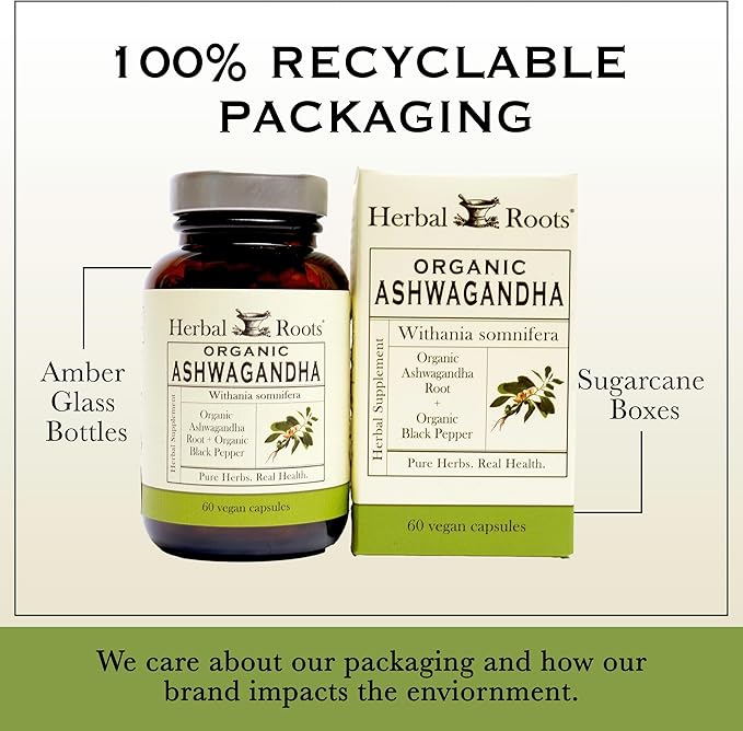Herbal Roots Ashwagandha Capsules | Extra Strength 1,000mg per Serving | Ayurvedic for Overall Health for Men and Women | 60 Vegan Capsules