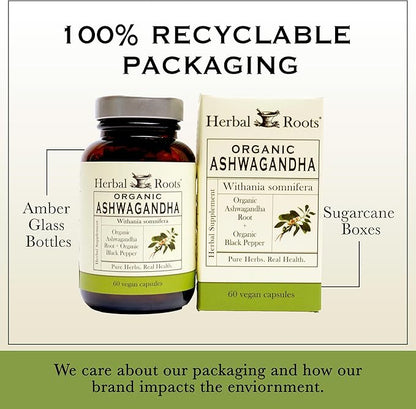 Herbal Roots Ashwagandha Capsules | Extra Strength 1,000mg per Serving | Ayurvedic for Overall Health for Men and Women | 60 Vegan Capsules