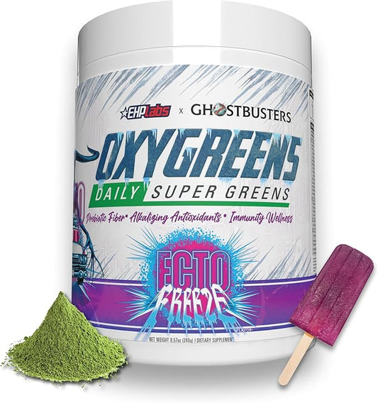 EHP Labs x Ghostbusters OxyGreens Super Greens Powder - Spirulina & Chlorella Superfood, Green Juice Powder with Prebiotic Fibre, Antioxidants & Immunity Support, 30 Serves (Ecto Freeze)