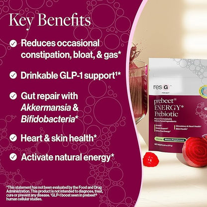 resG prebeet - Prebiotics Drink for Digestion, Occasional Constipation, Gas, Bloating with Akkermansia & GLP-1 Support w/Beet Root & Fiber, Gut Health for Women & Men - 560g (90 Servings)