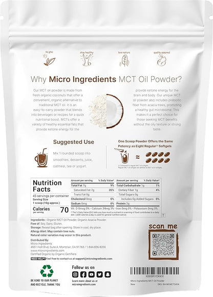 Organic MCT Oil Powder with Prebiotic Fiber,1 Pound(16 Ounce), Fast Fuel for Body and Brain, C8 MCT Oil for Coffee Creamer, No GMOs, Keto Diet, Vegan