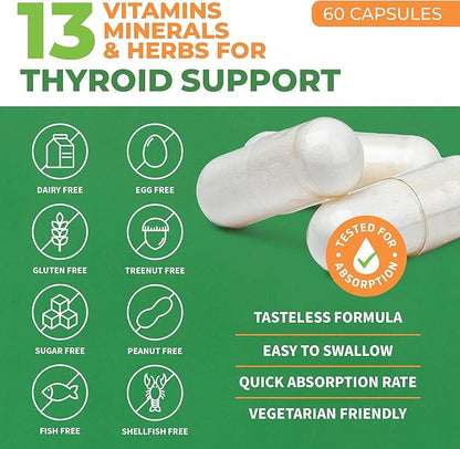 Thyroid Support for Women and Men with Iodine - Energy, Focus & Power Thyroid Supplement - All Natural Herbal Mineral and Vitamin Complex with B12, Zinc, Selenium, Ashwagandha - 60 Vegetarian Capsules
